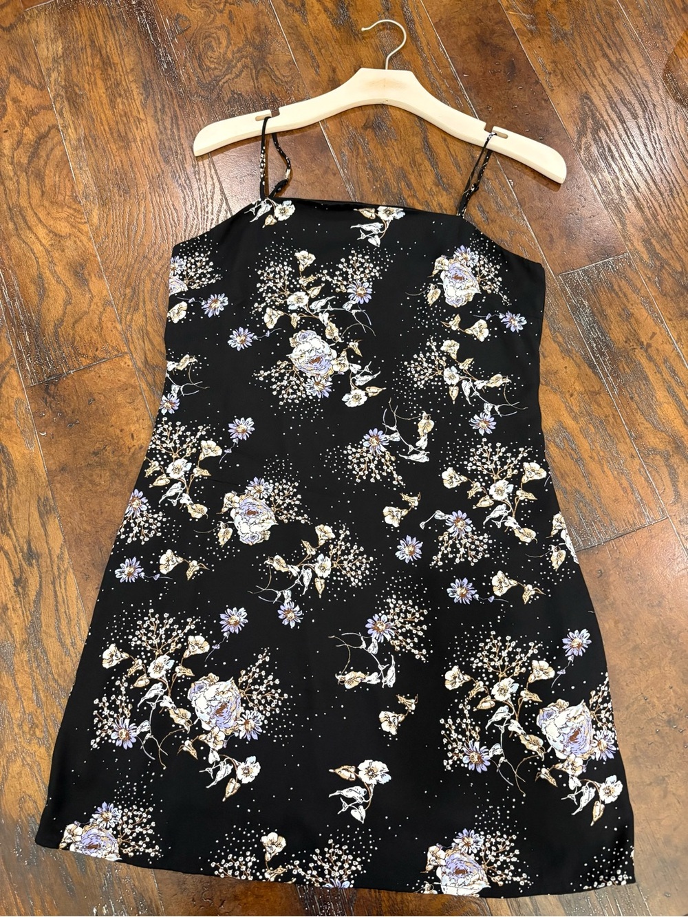 Francesca's Collections Black Slip Dress with Lilac and Cream Floral Print